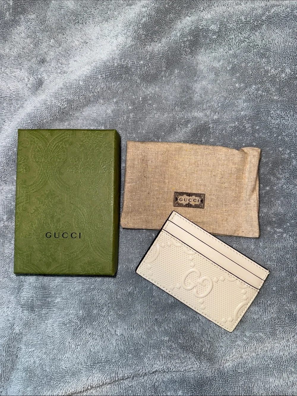 Gucci Cream Embossed Leather Card Holder with Green Box and Beige Dust Bag